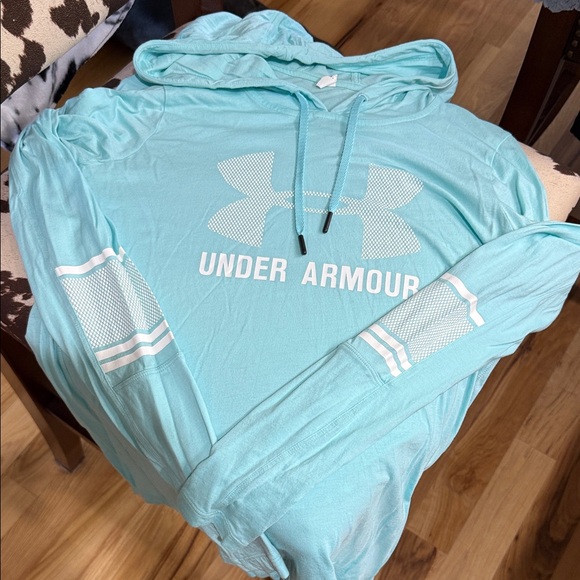 Under Armour Teal Blue Workout Ensemble Gray Capri Ankle Leggings Hoodie - Picture 2 of 11